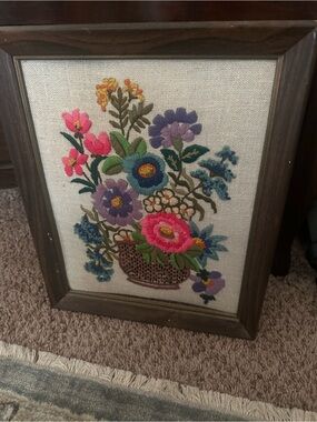 Framed Floral Embroidered Basket Artwork - Multicolor